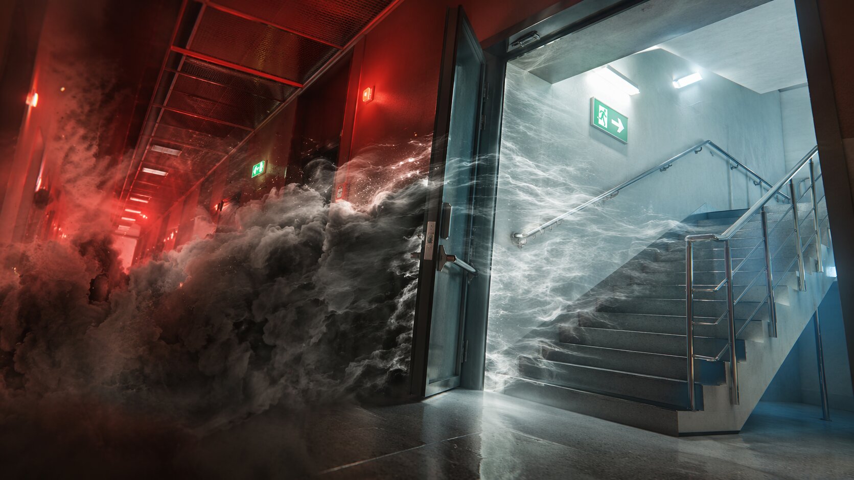 Klatka schodowa z systemem różnicowania ciśnień – pomiary pneumatyczne – Hermetiq